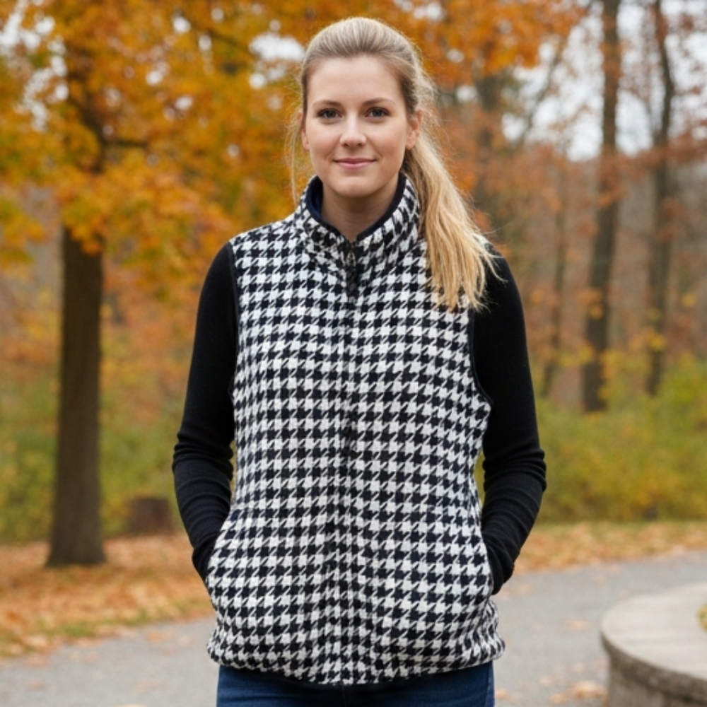 Women's Black and White Houndstooth Sweater Vest Saze L
